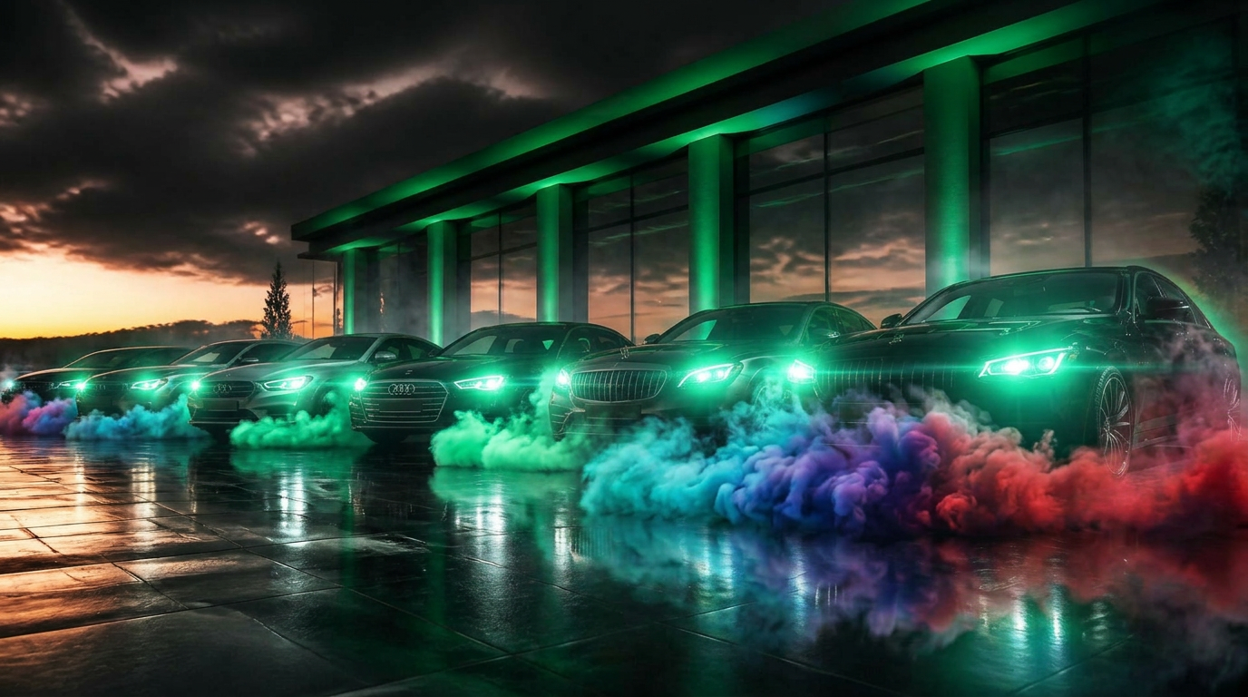 Premium used cars under cinematic emerald showroom lighting